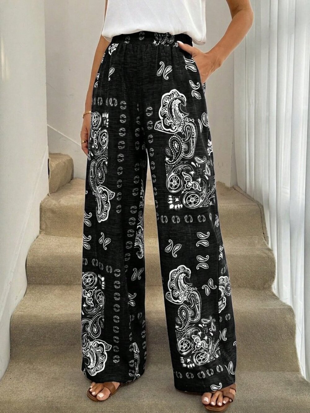 Black And White Boho Women's Print Wide Leg Pants